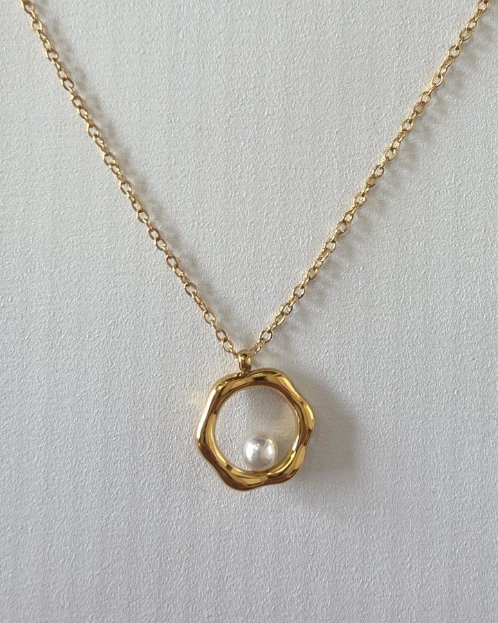 COLLAR CADENA FINA CÍRCULO IRREGULAR CON PERLA - ACERO INOXIDABLE