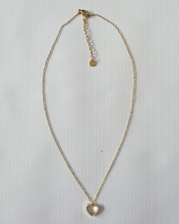 COLLAR CADENA FINA CORAZÓN PERLITAS - ACERO INOXIDABLE