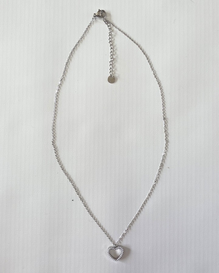 COLLAR CADENA FINA CORAZÓN PERLITAS - ACERO INOXIDABLE