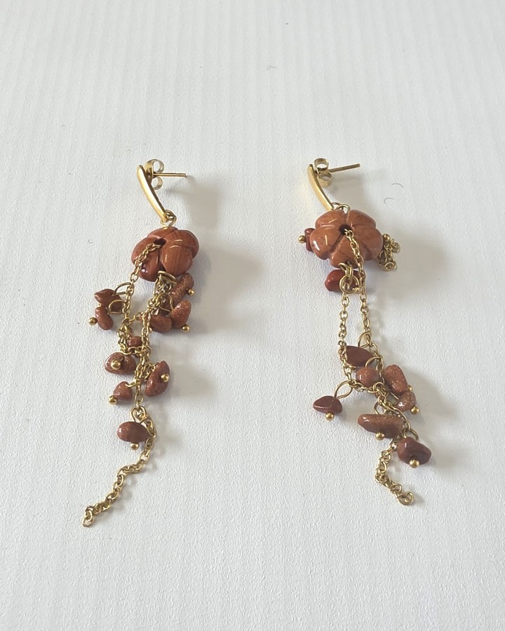 PENDIENTES LARGOS FLOR PIEDRA -  ACERO INOXIDABLE