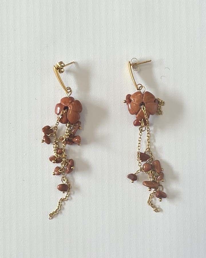 PENDIENTES LARGOS FLOR PIEDRA -  ACERO INOXIDABLE