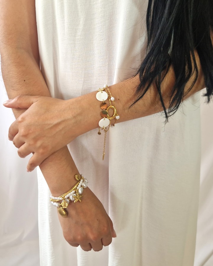 PULSERA CÍRCULOS DE ACERO Y NÁCAR - ACERO INOXIDABLE